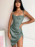 DERMEARNE Sexy Spaghetti Straps V-neck Tight Mini Dress Ladies Backless Wrinkled Sheath Wrapping Dress Latest Club Party