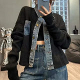 Korean Style Design Niche Loose and Western-style Sweater Women's 2024 Autumn New Denim Patchwork Knitted Top Fashionable Jacket