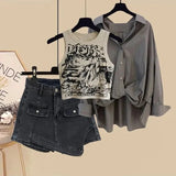 DERMEARNE Plus Size Spring Salted Lightweight Fashion Women's 2025 New Shirt Printing Vest Shorts Three-piece Suit Large Size Set Chine...