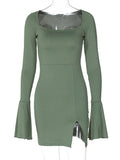 DERMEARNE Dulzura Flare Long Sleeve Mini Dress Women Bodycon Sexy Green Slit Short Dress Party Club Outfits Outfits 2025 Spring Summer