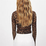 DERMEARNE Women Mesh Shirt Long Sleeve Leopard Print Crop Top Sexy Crew Neck T-shirts Fashion Slim Fit Ladies Transparent Tops Streetwear