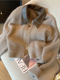 Vintage Zipper Knitted Cardigan Women Korean Elegant Oversized Crop Sweater Old Money Style Long Sleeve Tops Streetwear