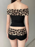 Leopare Patchwork Slash Neck Skinny Sexy Short Sleeve Top Tee And Booty Shorts 2 Pieces Baddie Sets Women Rave Summer Outfits
