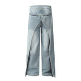 Hi Street Blue Irregular Patchwork Jeans Pants Baggy Straight Casual Denim Trousers For Male