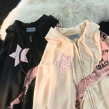Harajuku Vintage Zip Up Hoodies Women Y2K Hip Hop Letter Print Sweatshirts Gothic Streetwear Loose Patchwork Tops Hip Hop Coats