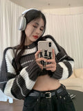 Striped Cropped Sweater Women Kpop Hippie Streetwear Oversize Pullover Knitted Tops Korean Style Basic Jumper