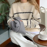 Women's Black Stripe Patterned Sweater Ribbed Long Sleeves and Loose Fit Casual Pullover for Autumn Winter 2024