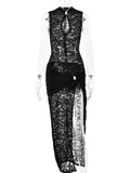 DERMEARNE Sibybo Black Lace Long Dress For Women Sleeveless Hollow Out High Slit Bodycon Evening Dresses Sexy Slim Party Vestidos