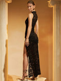 DERMEARNE Sibybo Black Lace Long Dress For Women Sleeveless Hollow Out High Slit Bodycon Evening Dresses Sexy Slim Party Vestidos
