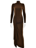 DERMEARNE Sibybo High Slit Bandage Sexy Maxi Dress Women 2025 Fashion Turtleneck Long Sleeve Package Hip Long Dresses Vestido Elegant