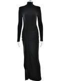 DERMEARNE Sibybo High Slit Bandage Sexy Maxi Dress Women 2025 Fashion Turtleneck Long Sleeve Package Hip Long Dresses Vestido Elegant