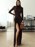 DERMEARNE Sibybo High Slit Bandage Sexy Maxi Dress Women 2025 Fashion Turtleneck Long Sleeve Package Hip Long Dresses Vestido Elegant