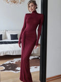 DERMEARNE Sibybo High Slit Bandage Sexy Maxi Dress Women 2025 Fashion Turtleneck Long Sleeve Package Hip Long Dresses Vestido Elegant