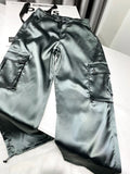 DERMEARNE Silk Pink Drawstring Satin Baggy Cargo Pants Women Summer Solid Black Beige Gray Wide Leg Trousers Streetwear Vintage Bottoms