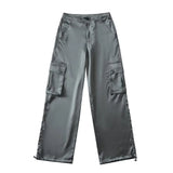 DERMEARNE Silk Pink Drawstring Satin Baggy Cargo Pants Women Summer Solid Black Beige Gray Wide Leg Trousers Streetwear Vintage Bottoms
