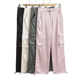 DERMEARNE Silk Pink Drawstring Satin Baggy Cargo Pants Women Summer Solid Black Beige Gray Wide Leg Trousers Streetwear Vintage Bottoms