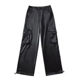 DERMEARNE Silk Pink Drawstring Satin Baggy Cargo Pants Women Summer Solid Black Beige Gray Wide Leg Trousers Streetwear Vintage Bottoms
