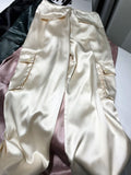 DERMEARNE Silk Pink Drawstring Satin Baggy Cargo Pants Women Summer Solid Black Beige Gray Wide Leg Trousers Streetwear Vintage Bottoms