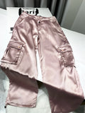 DERMEARNE Silk Pink Drawstring Satin Baggy Cargo Pants Women Summer Solid Black Beige Gray Wide Leg Trousers Streetwear Vintage Bottoms