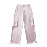 DERMEARNE Silk Pink Drawstring Satin Baggy Cargo Pants Women Summer Solid Black Beige Gray Wide Leg Trousers Streetwear Vintage Bottoms