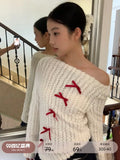 DERMEARNE Skew Collar Off Shoulder Knitted Tops Women 2025 Spring Autumn New Bottoming Pullovers Y2k Long Sleeve Slim Fit Sweaters