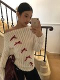 DERMEARNE Skew Collar Off Shoulder Knitted Tops Women 2025 Spring Autumn New Bottoming Pullovers Y2k Long Sleeve Slim Fit Sweaters