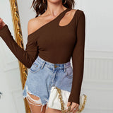 DERMEARNE Slanted Off Shoulder Long Sleeved Irregular Knitted Women's T-shirt  Slim Fit Design Top For Women Roupas Femininas Woman Tops
