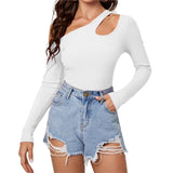 DERMEARNE Slanted Off Shoulder Long Sleeved Irregular Knitted Women's T-shirt  Slim Fit Design Top For Women Roupas Femininas Woman Tops
