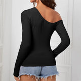 DERMEARNE Slanted Off Shoulder Long Sleeved Irregular Knitted Women's T-shirt  Slim Fit Design Top For Women Roupas Femininas Woman Tops