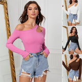 DERMEARNE Slanted Off Shoulder Long Sleeved Irregular Knitted Women's T-shirt  Slim Fit Design Top For Women Roupas Femininas Woman Tops