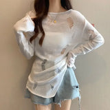 DERMEARNE Slash Neck Hollow Out Knitted Sweater Women Loose Sweet Y2k Aesthetic Jumpers Japanese Casual Split Pullovers Trendy Tops Shirts