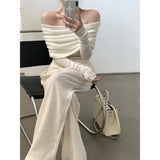 DERMEARNE Slash Neck Sweater Women Tops Knitted Slim Basic All-match Sexy Elegant Off Shoulder Autumn Winter Long Sleeve Pullovers Female