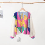 DERMEARNE Sleeve Patchwork Female Sweaters 2024 Elegant Casual Lady Top Hollow Out Colorful Kint Cardigan Women Sweater Autumn Long Puff