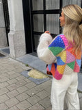 DERMEARNE Sleeve Patchwork Female Sweaters 2024 Elegant Casual Lady Top Hollow Out Colorful Kint Cardigan Women Sweater Autumn Long Puff