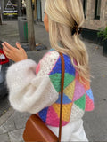 DERMEARNE Sleeve Patchwork Female Sweaters 2024 Elegant Casual Lady Top Hollow Out Colorful Kint Cardigan Women Sweater Autumn Long Puff
