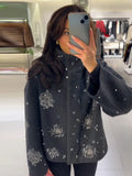DERMEARNE Snowflake Sequin Woolen Short Coats Women Casual Loose Stand Collar Coat Female 2025 Autumn Winter Chic High Street Outwear Tops