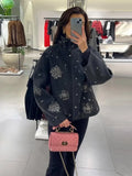 DERMEARNE Snowflake Sequin Woolen Short Coats Women Casual Loose Stand Collar Coat Female 2025 Autumn Winter Chic High Street Outwear Tops