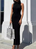 DERMEARNE Solid Color Stripe Knitted Slim Long Dresses Women Sleeveless Half Turtleneck Package Hip Bodycon Dress Female Commuting Vestido