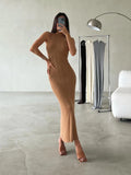 DERMEARNE Solid Color Stripe Knitted Slim Long Dresses Women Sleeveless Half Turtleneck Package Hip Bodycon Dress Female Commuting Vestido