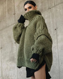 DERMEARNE Solid Knit Turtlrneck Double Lantern Sleeve Women Pullover Thick Warm Oversized Loose Top Sweater 2024 Fall Winter Chic Knitwear