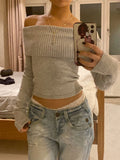 DERMEARNE Solid color women's pullover sweater casual retro streetwear lapel one-shoulder Harajuku Y2K versatile cute emo girls slim tops