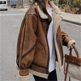 DERMEARNE Splicing Lamb Fur Coat For Women Autumn Winter 2025 New Loose Korean Motorcycle Jacket Thickened Jacket And Coat For Women Coat