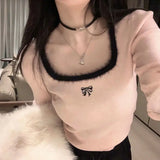 DERMEARNE Spring Autumn Flocking Long Sleeve Bow Solid Pullover Square Collar Women's Clothing Casual T-shirt Elegant Fashionable Tops