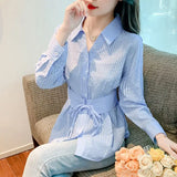 DERMEARNE Spring Autumn New Fashion Striped Shirts Women's Clothing POLO Collar Long Sleeve Dovetail Slim Korean Lacing Simplicity Tops