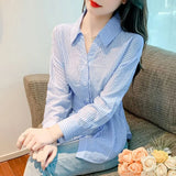 DERMEARNE Spring Autumn New Fashion Striped Shirts Women's Clothing POLO Collar Long Sleeve Dovetail Slim Korean Lacing Simplicity Tops