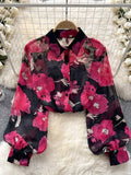 DERMEARNE Spring Autumn Temperament Fashion Retro Chiffon Floral Blouses Print Loose Lapel Puff Sleeve Top Button Up Shirt Female GD611