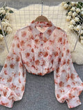 DERMEARNE Spring Autumn Temperament Fashion Retro Chiffon Floral Blouses Print Loose Lapel Puff Sleeve Top Button Up Shirt Female GD611