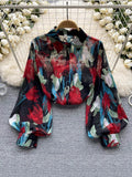 DERMEARNE Spring Autumn Temperament Fashion Retro Chiffon Floral Blouses Print Loose Lapel Puff Sleeve Top Button Up Shirt Female GD611