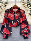 DERMEARNE Spring Autumn Temperament Fashion Retro Chiffon Floral Blouses Print Loose Lapel Puff Sleeve Top Button Up Shirt Female GD611