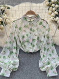 DERMEARNE Spring Autumn Temperament Fashion Retro Chiffon Floral Blouses Print Loose Lapel Puff Sleeve Top Button Up Shirt Female GD611